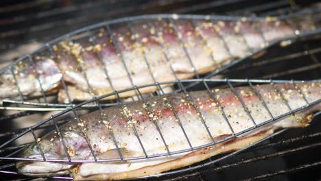 tasty whole fishes placed on barbecue grill