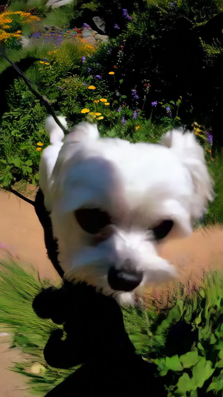 Donna e cane maltese che fanno escursioni in un campo di papaveri