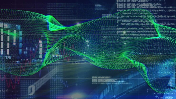 Animation of dynamic waves, binary codes and computer language, time-lapse of moving vehicles