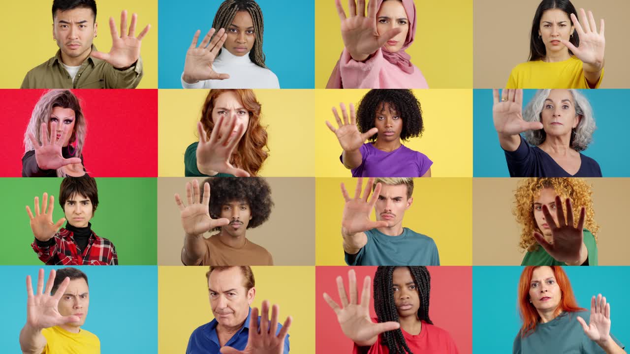 Diverse group of people making a stop gesture