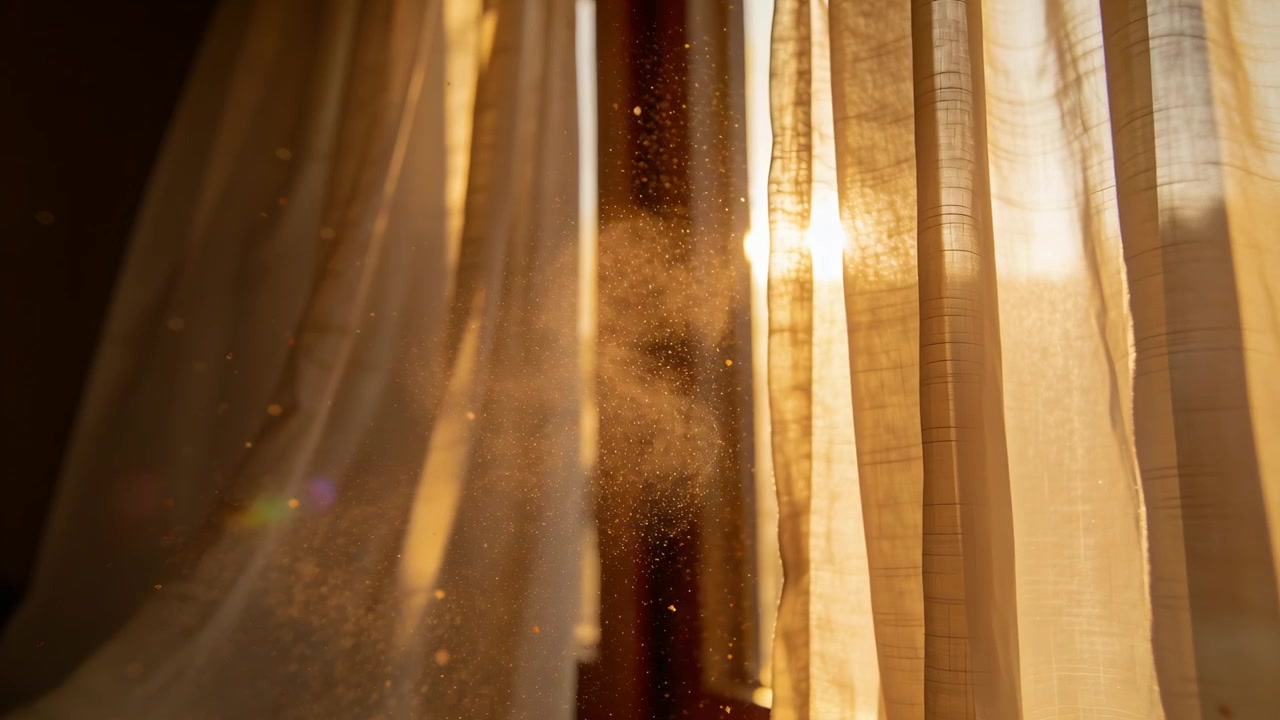 Billowing sheer beige curtains revealing sunlit dust motes drifting at bedroom window from breeze
