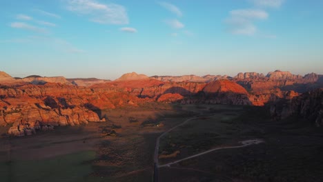 Panoramic-Aerial-View-Of-A-Remote-Road-With-Red-Cliffs-In-Zion-National-Parks,-Southwest-Utah