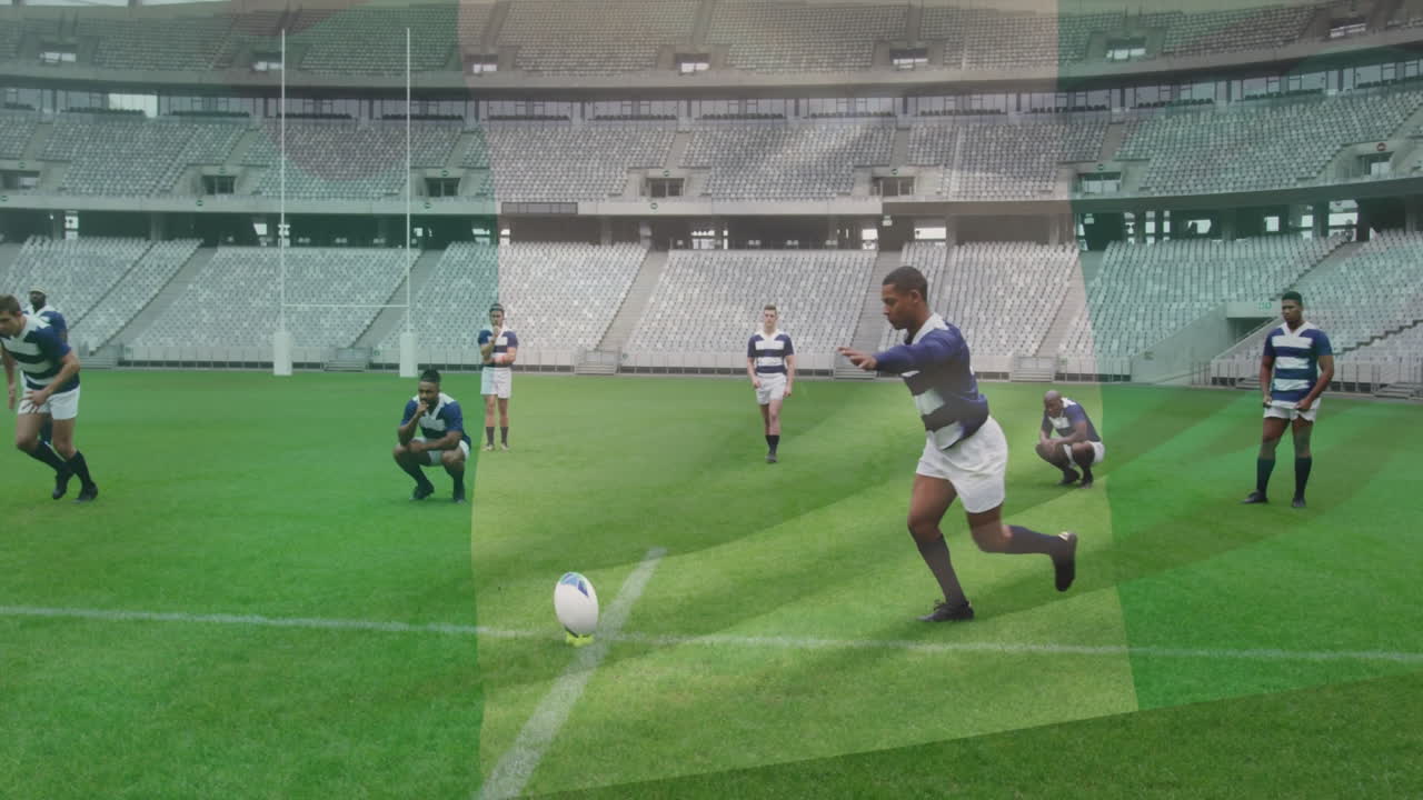 Practicing rugby on field, players with stadium seating in background, animation