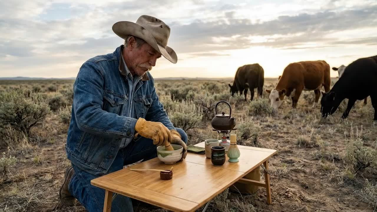 Cowboy gusta una cerimonia del tè in un ambiente rurale con bestiame