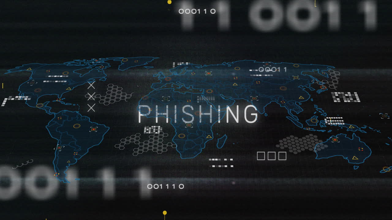 Animation of circuit board pattern around phishing text over map against black background