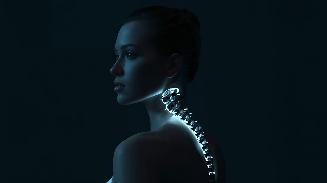 Sovrapposizione animata, donna che tiene, colonna vertebrale che si illumina lungo il collo in studio, che indossa un top con bretelle per l'anatomia