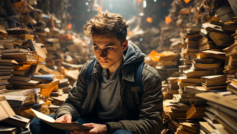 young man immersed in books in a cozy library setting
