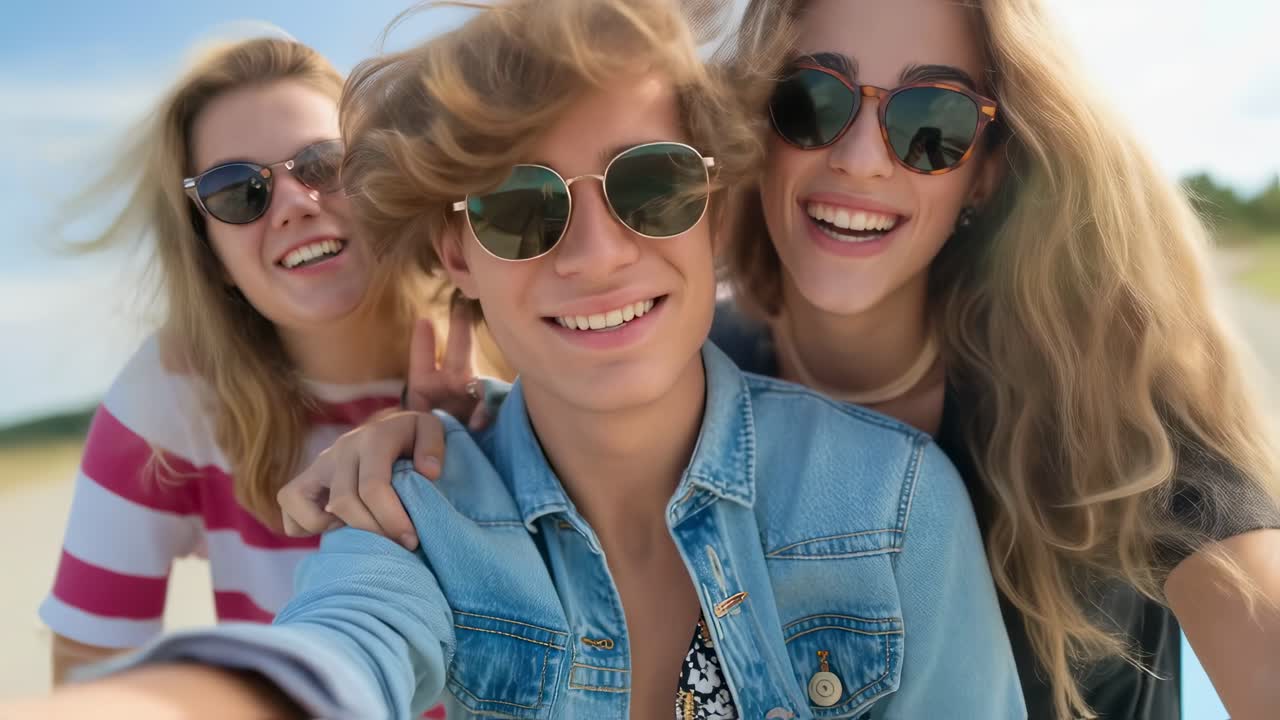 행복한 친구들이 야외에서 셀피를 찍고 있습니다.