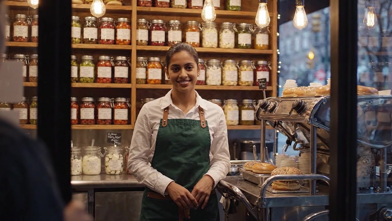 Incantevole barista in un accogliente caffè circondato da barattoli colorati, che serve pasticcini freschi con un sorriso caloroso in un'atmosfera accogliente.