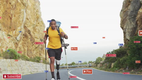 animación de iconos de las redes sociales sobre hombre afroamericano con pierna protésica caminando por la carretera