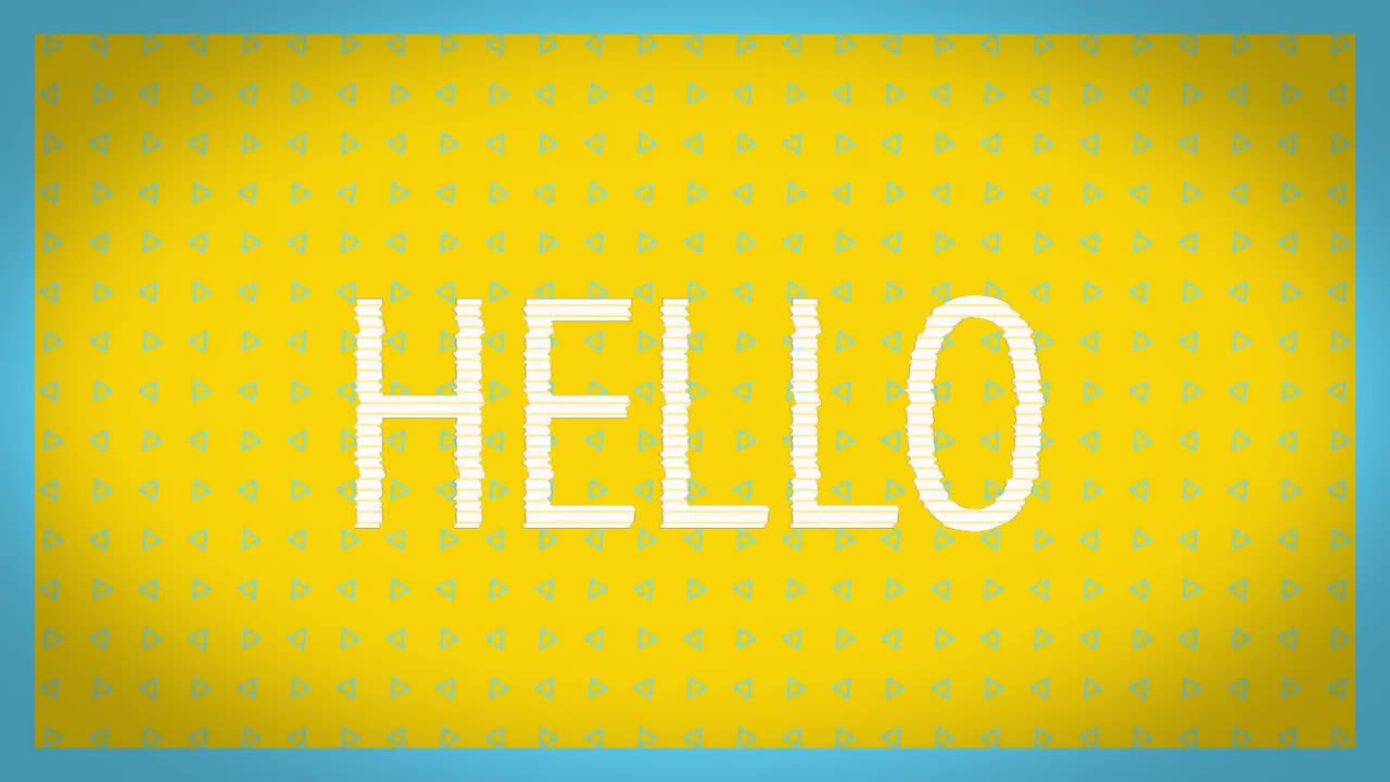 animación del texto de saludo sobre múltiples triángulos azules que se mueven