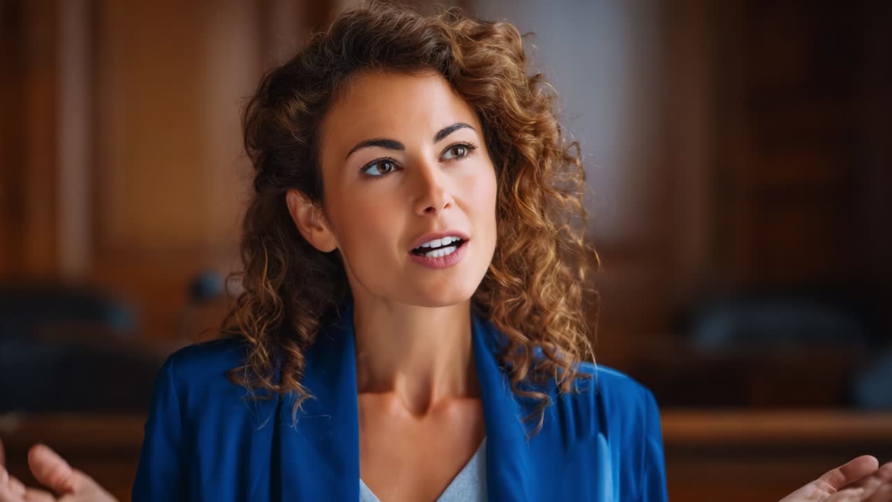 Una giovane donna sicura di sé con capelli ricci partecipa a una discussione seria, esprimendo i suoi pensieri con chiarezza e compostezza mentre indossa un elegante blazer blu in un ambiente raffinato che enfatizza la professionalità