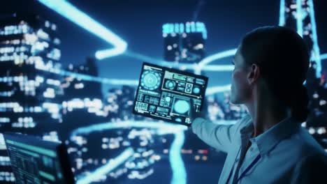 woman in augmented reality cityscape