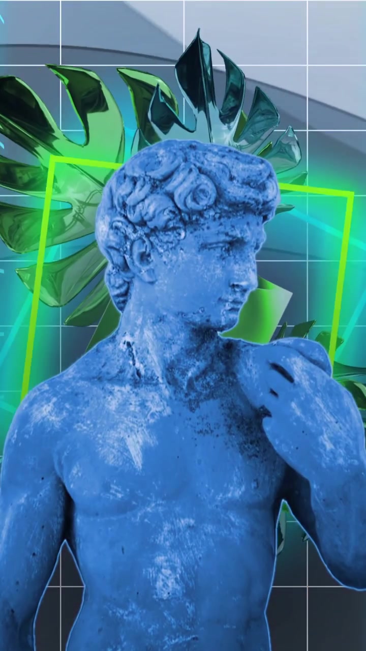 Green statue with grid lines and geometric shapes, futuristic animation background