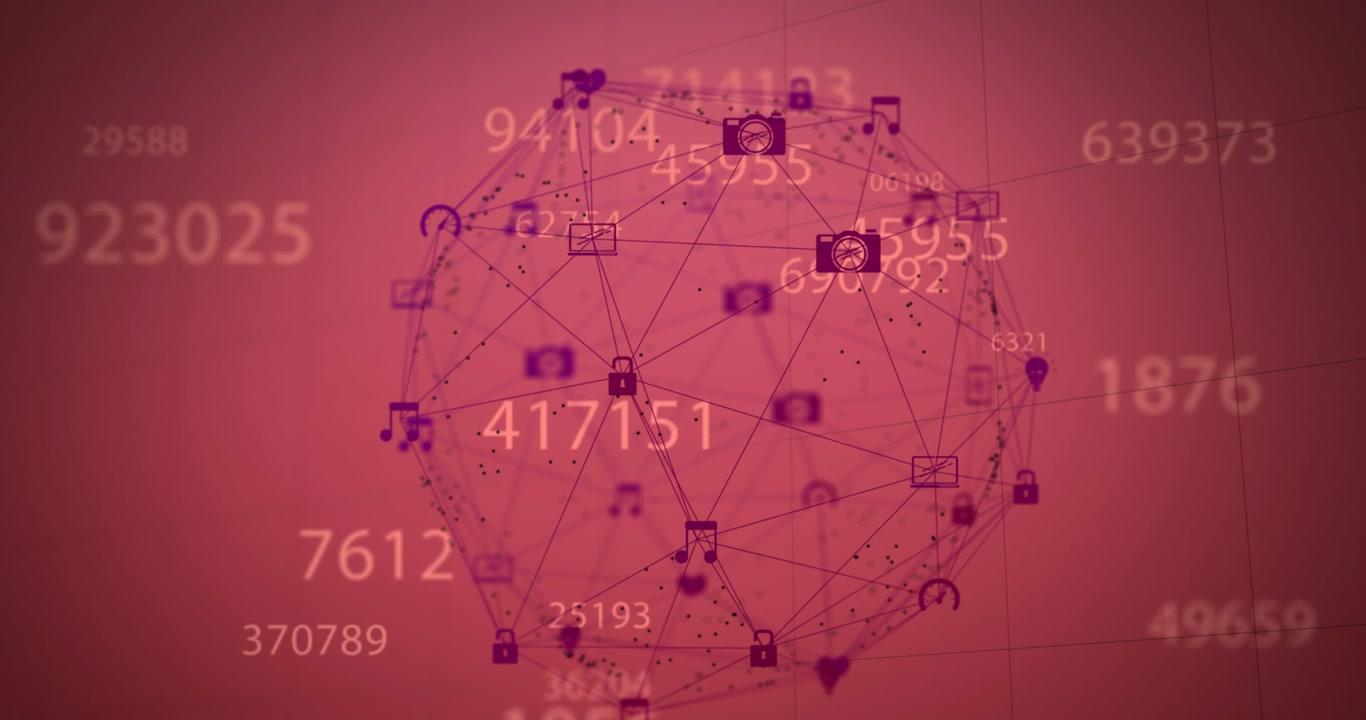 Animation of multiple changing numbers and spinning globe of digital icons against pink background