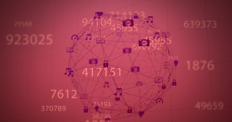 Animazione di numeri multipli che cambiano e un globo rotante di icone digitali su sfondo rosa.