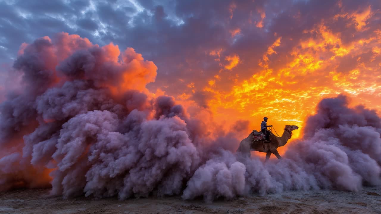 A Majestic Camel Rides Through Vibrant Smoke Under a Stunning Sunset, Capturing the Essence of Adventure and Freedom Against a Backdrop of Colorful Clouds