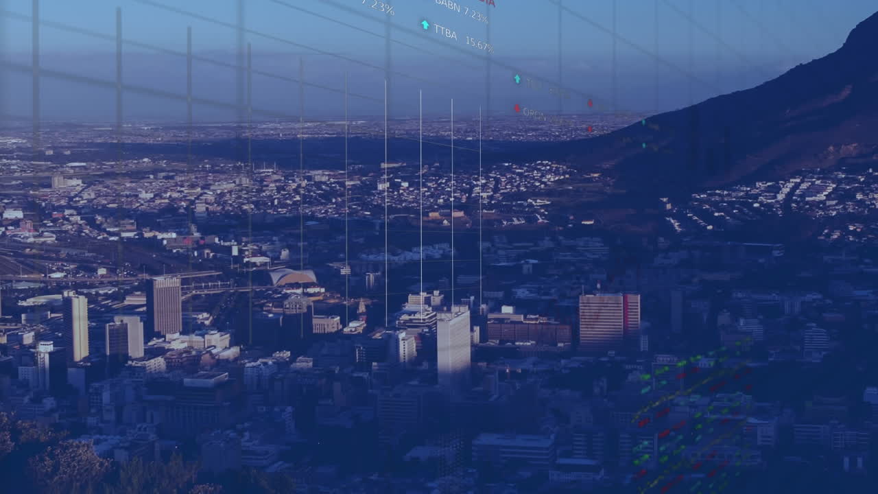 Animation of financial data processing over cityscape