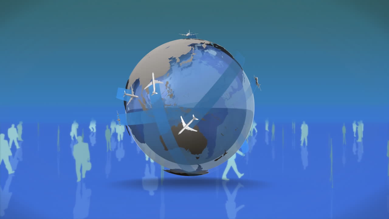 회전하는 지구 주위에 남성과 여성의 실루 ⁇