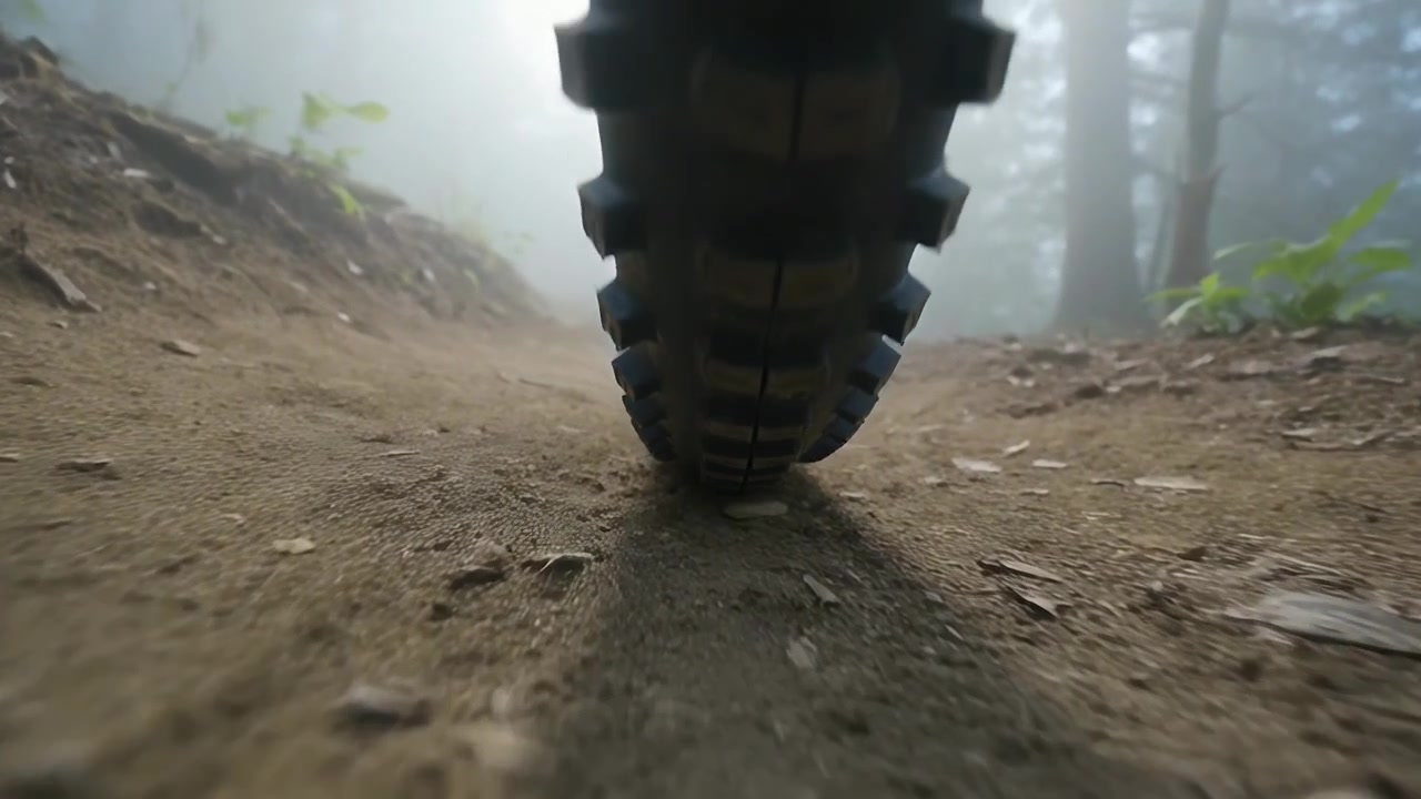Pneumatico tassellato che rotola comprimendo il terreno su un sentiero forestale nebbioso, rispondendo al ciclista fuori campo che pedala.