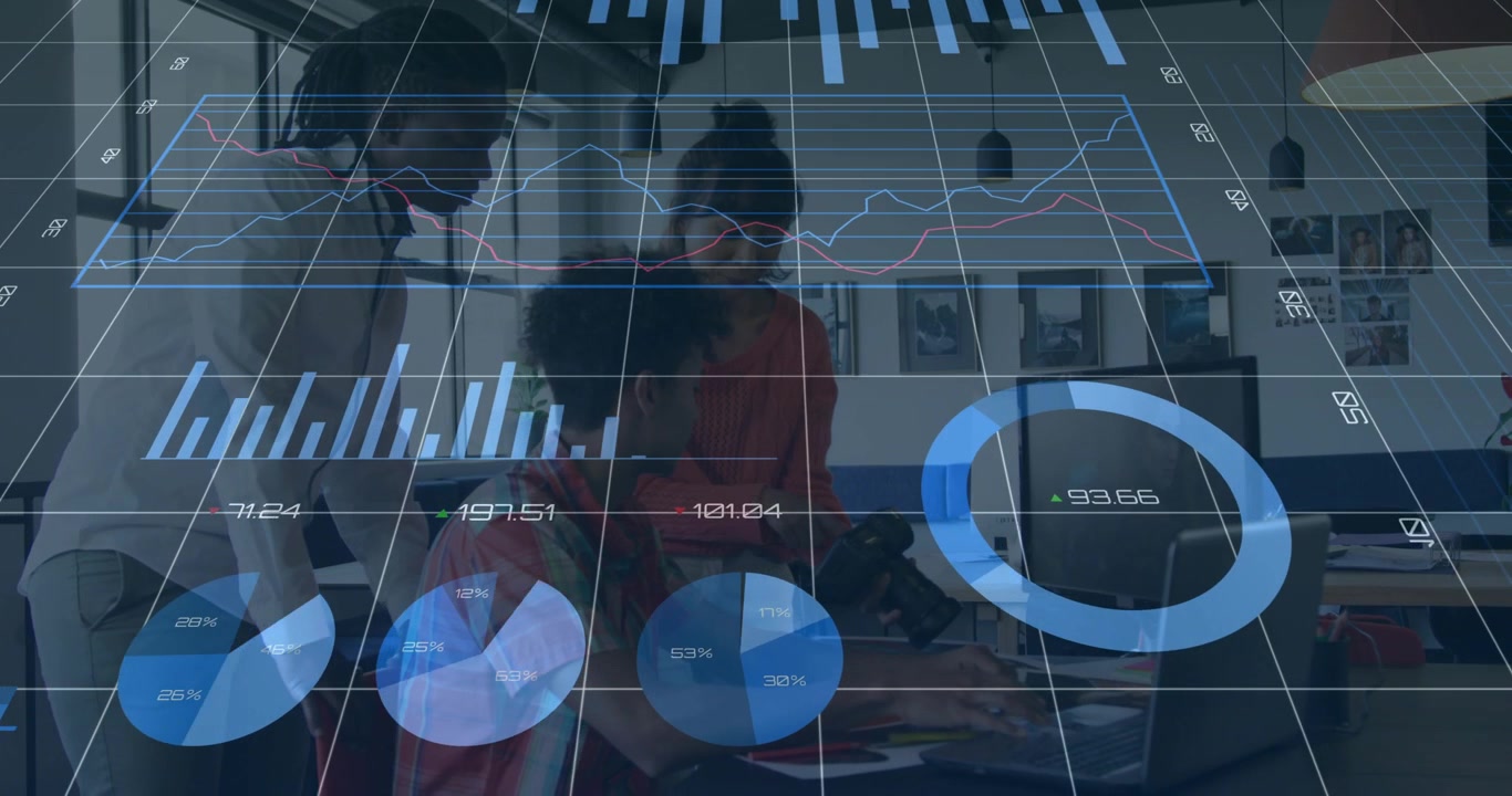 Business team reviewing data as blue charts and 3D grid overlaying screen, pointing and typing