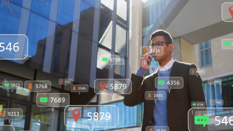 talking on phone, businessman with social media notifications animation over cityscape