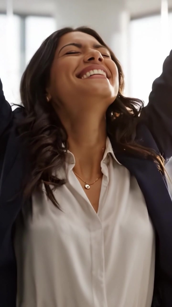 Uma Mulher Profissional Sorrindo Calorosamente Enquanto Trabalha em Sua Mesa, Incorporando Confiança e Positividade em um Ambiente de Escritório Moderno e Iluminado