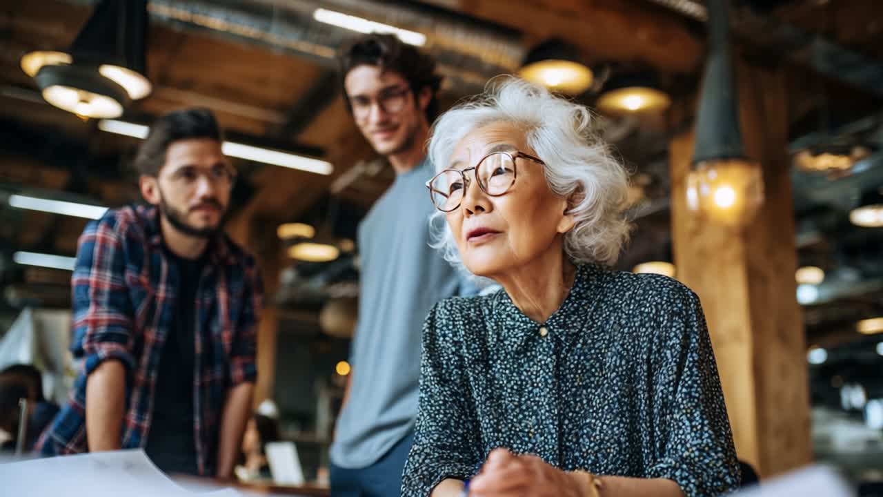 A Thoughtful Interaction: Three Individuals Engaged in a Collaborative Discussion in a Cozy Workspace, Sharing Ideas and Insights with Focus and Enthusiasm, All Amidst a Charming Rustic Ambiance
