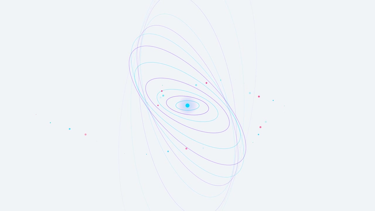 Animazione astratta di anelli orbitali rotanti e particelle