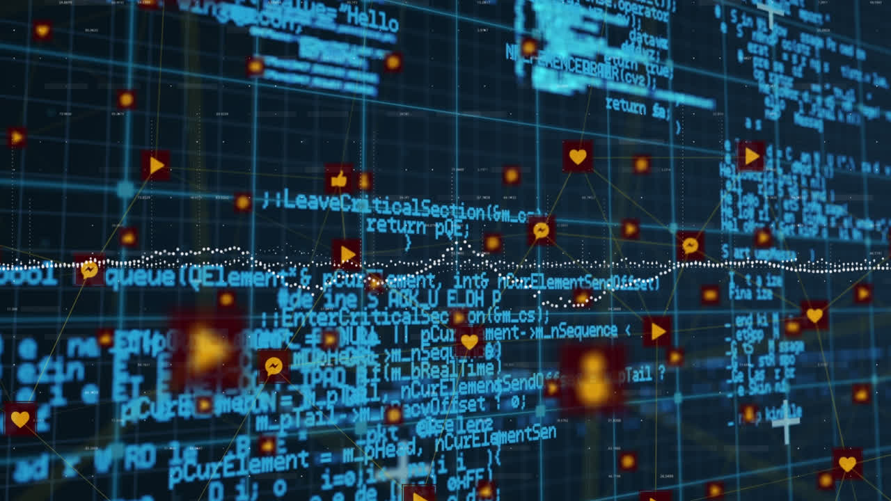 Animation of data processing over network of connections with icons on black background
