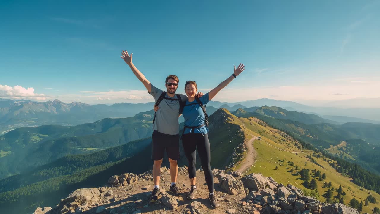 Reaching summit, two hikers raising arms and posing on rocky ridge in hiking gear, backpacks