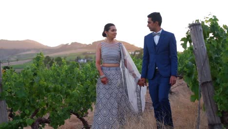 indian groom and bride walking holding hands in the field - slow motion