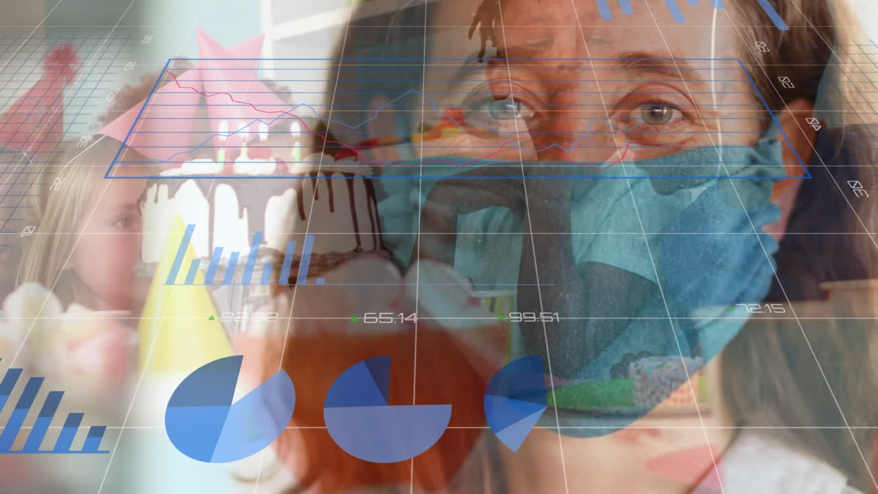 gráficos y gráficos sobre niños en edad escolar y mujer con coronavirus de máscara.