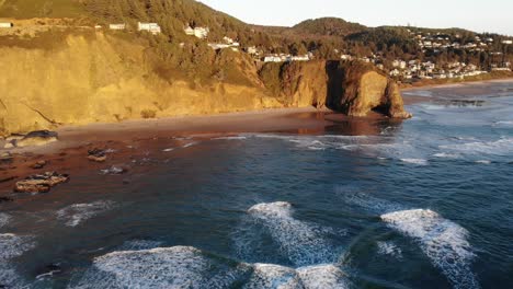 drone flies towards cliffs at golden hour