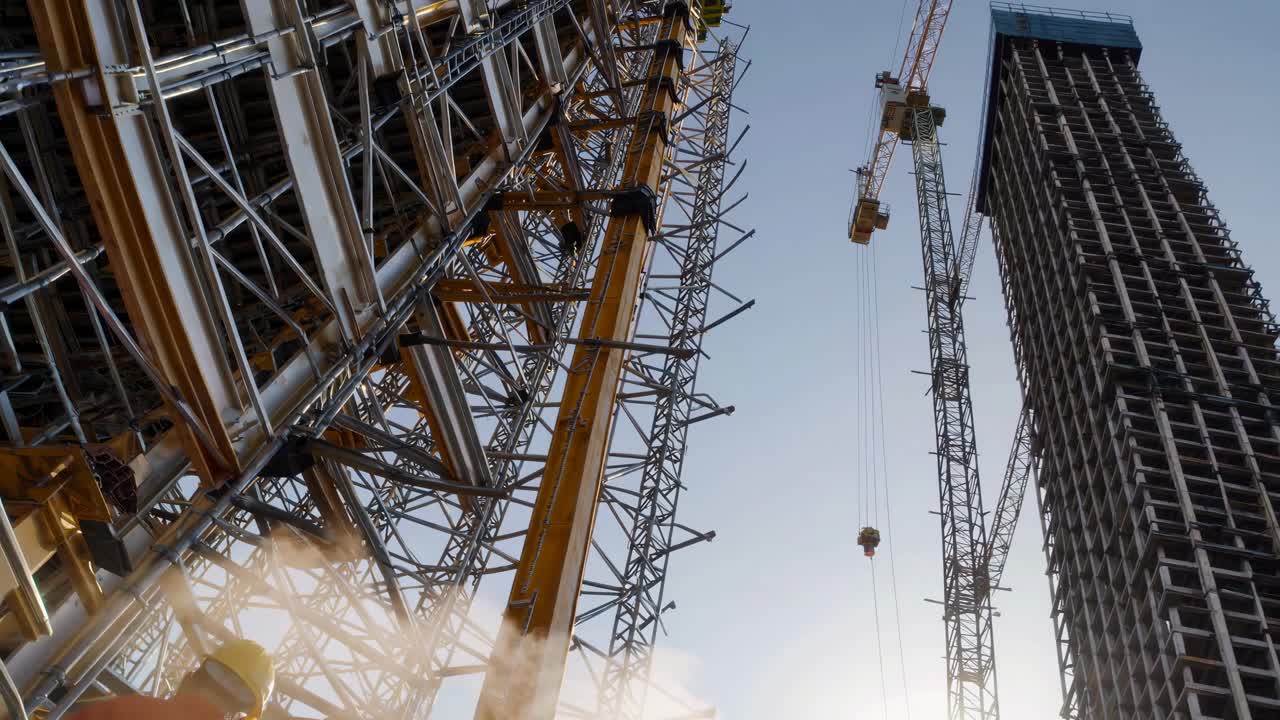 Dynamic low-angle video shot of a construction site, capturing towering cranes and scaffolding