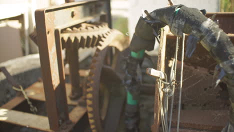 closeup footage of an old rustywell mechanism