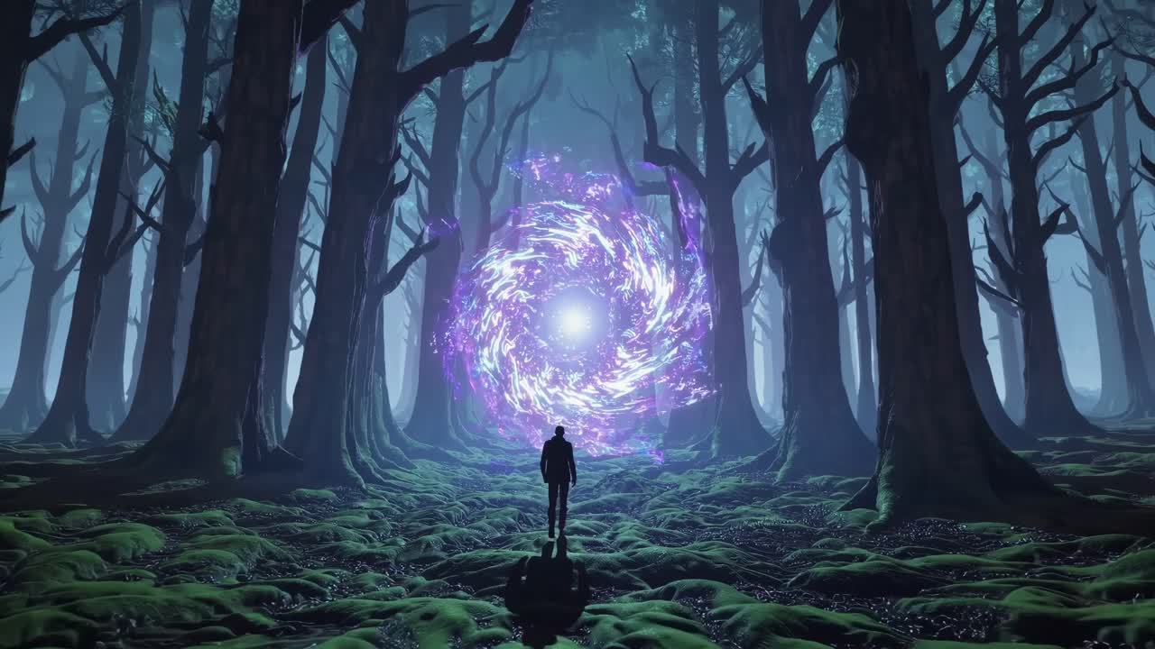 A mystical forest scene with a man walking towards a glowing portal