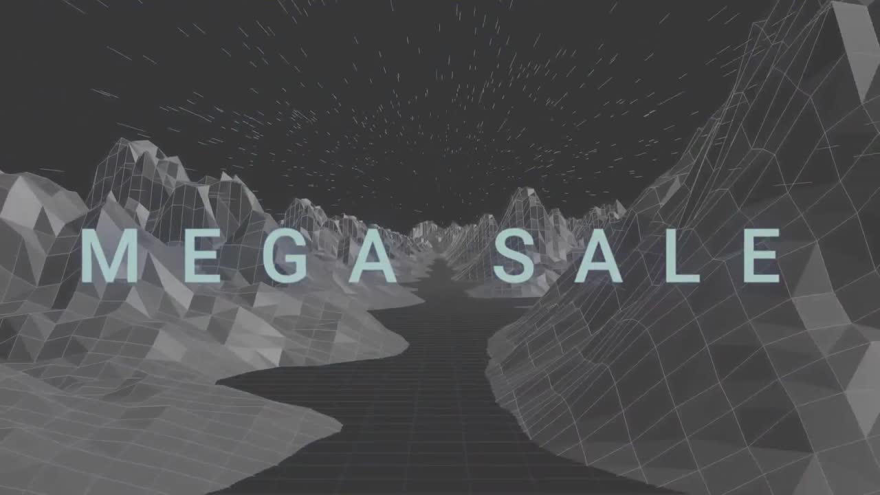 초대형 판매 텍스트의 애니메이션은 파란색 위에 회색 디지털 풍경으로 색상 플래시가 있습니다.