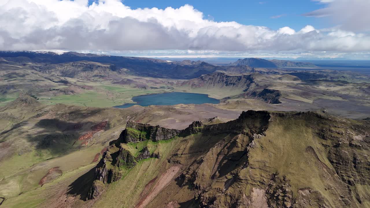 Mountain landscape panoramas with lake on Iceland. Aerial panning wide shot. Idyllic rock formation and valleys with blue water. Iceland, Europe.