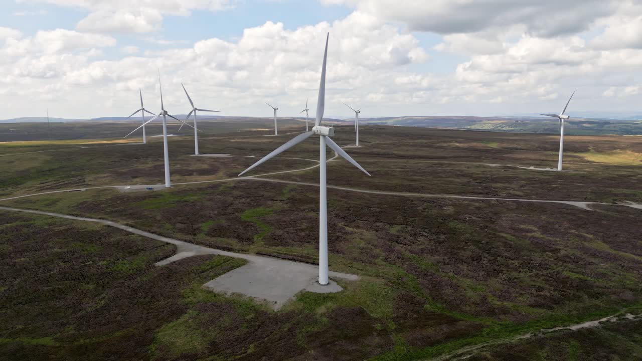 Modern Wind Farm situated on the West Yorkshire Moors taken using a drone
