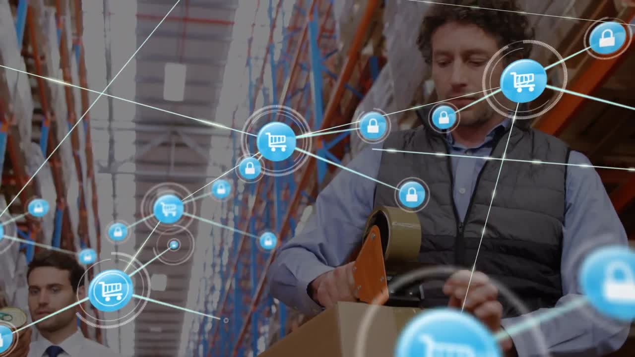 animación de la red de conexiones sobre los trabajadores caucásicos en el almacén