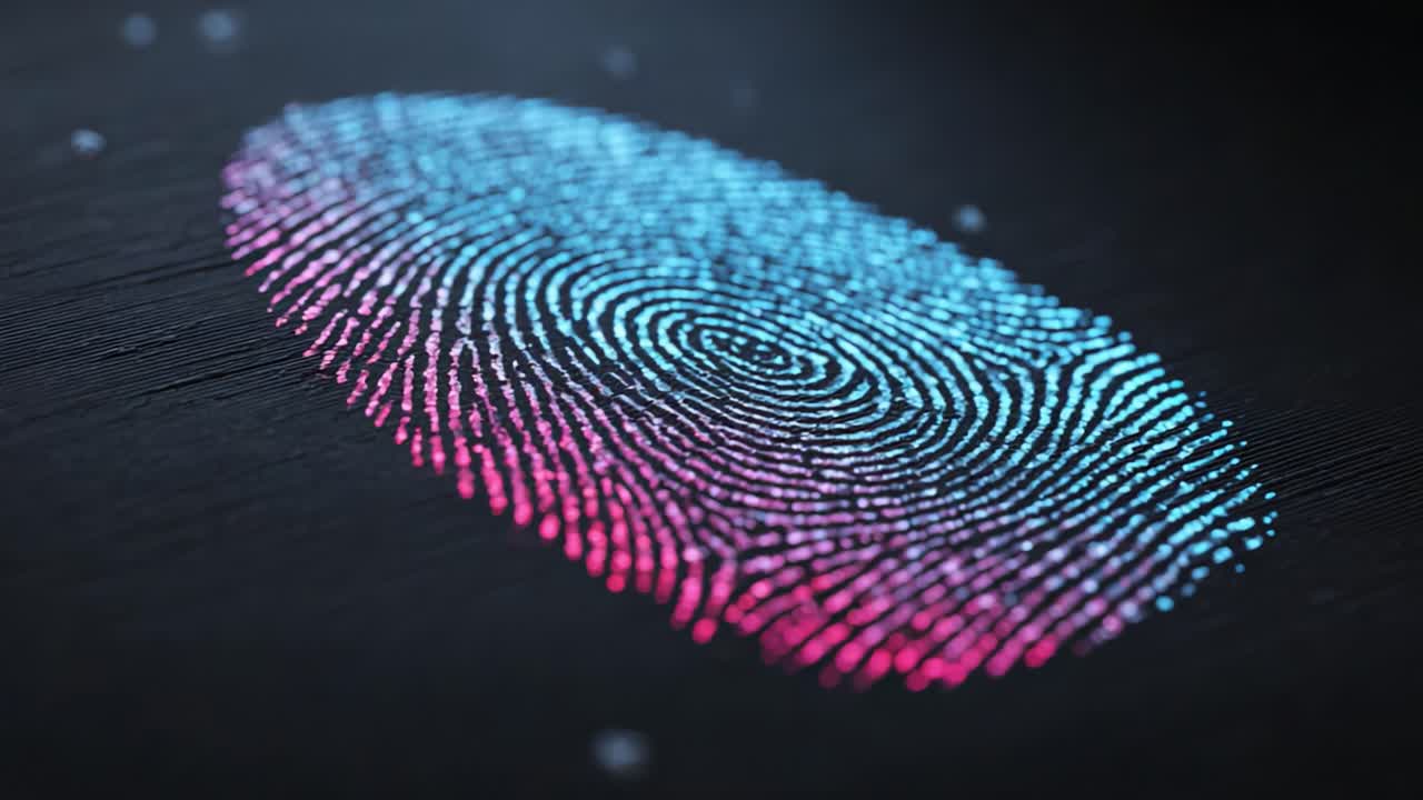 Dynamic Close-Up View of Colorful Digital Fingerprint With Vibrant Blue and Pink Tones Against a Dark Background, Capturing Intricate patterns and Identity Features