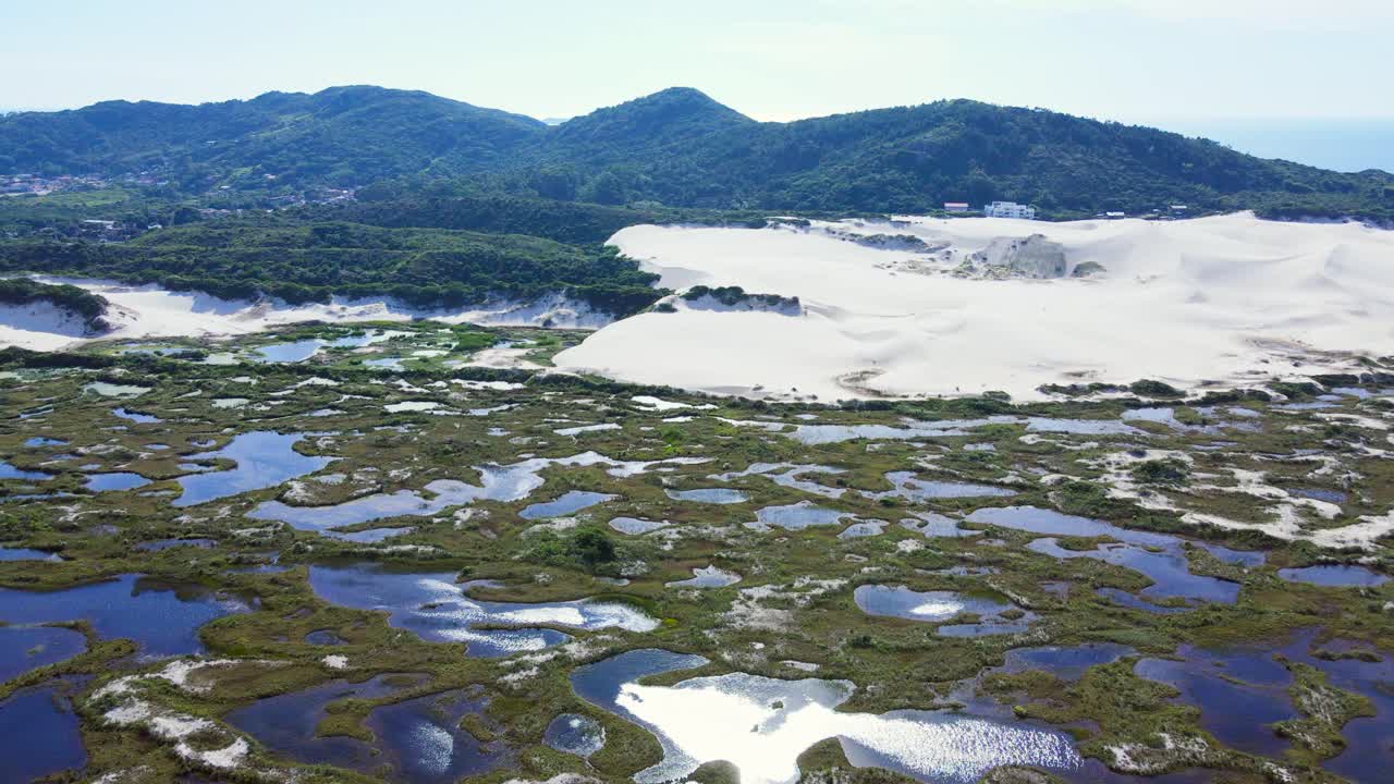 Aerial view of the Municipal Natural Park of the Dunes of Lagoa da Conceição and Joaquina Beach, a conservation unit in Florianópolis, Santa Catarina. Dune fields, restinga vegetation, ecological