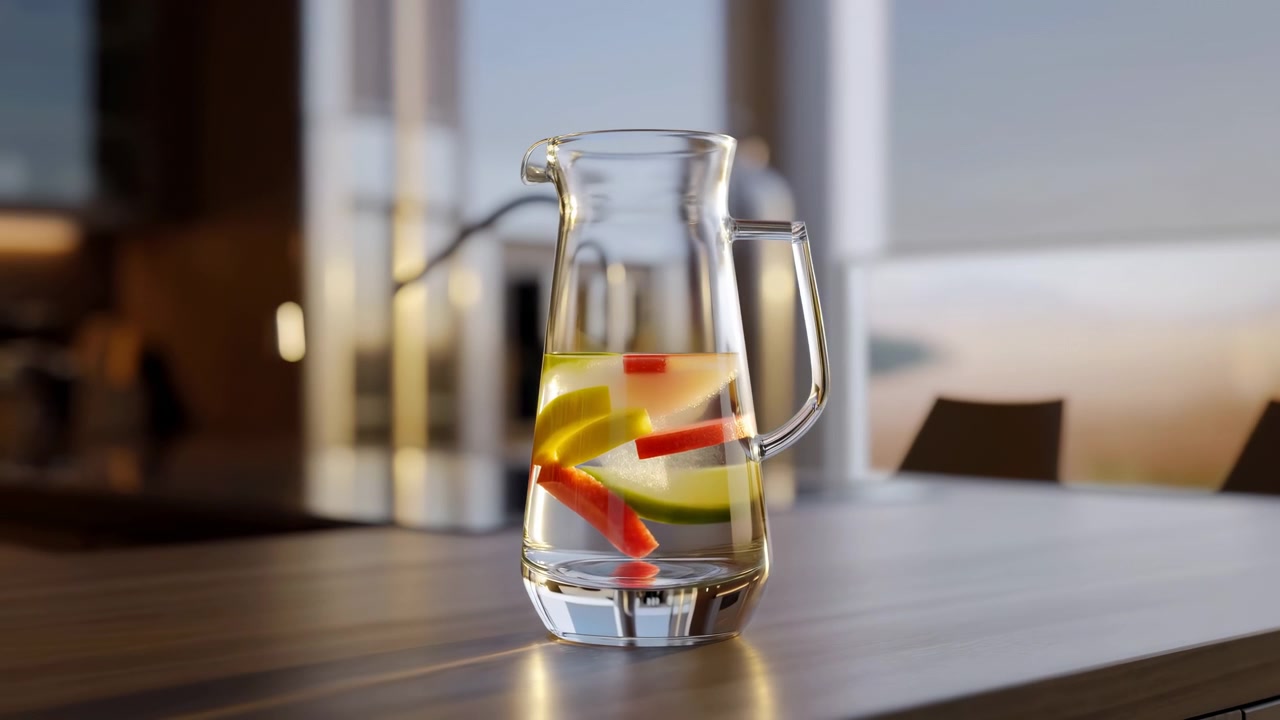 Vista ravvicinata di una brocca di vetro trasparente su un bancone di legno lucido che mostra fette di limone, lime e frutta rossa sospese in acqua ferma con piccole bolle che aderiscono alla frutta e al vetro, luce naturale brillante