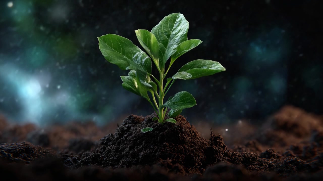 Un germoglio fresco emerge da terreno fertile, rappresentando crescita, rinnovamento e la bellezza della natura in un'atmosfera mistica esaltata da effetti di luce soffusa.