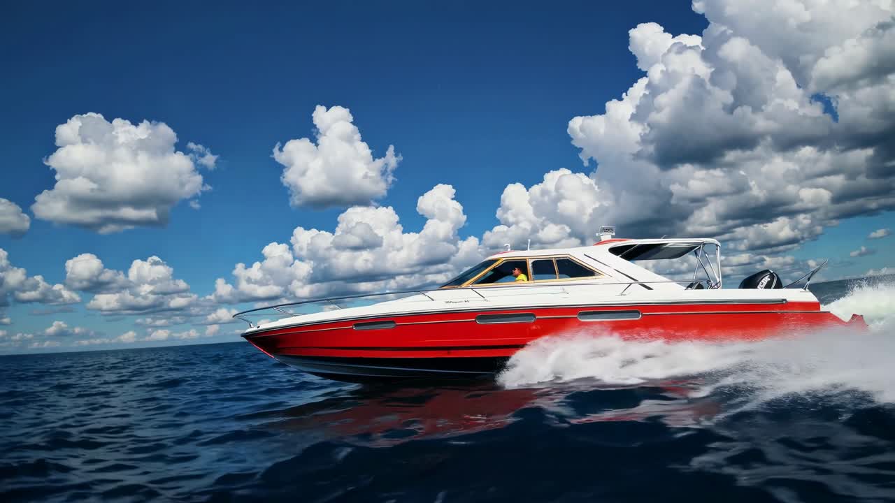 Dynamic low-angle shot of a red speedboat cutting through waves under a vibrant sky