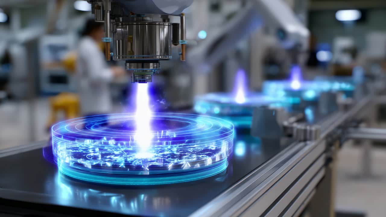 A Glimpse into Advanced Manufacturing Technology: A Robotic Arm Interacting with Holographic Displays on a Production Line, Showcasing Innovation and Precision in Modern Industrial Processes