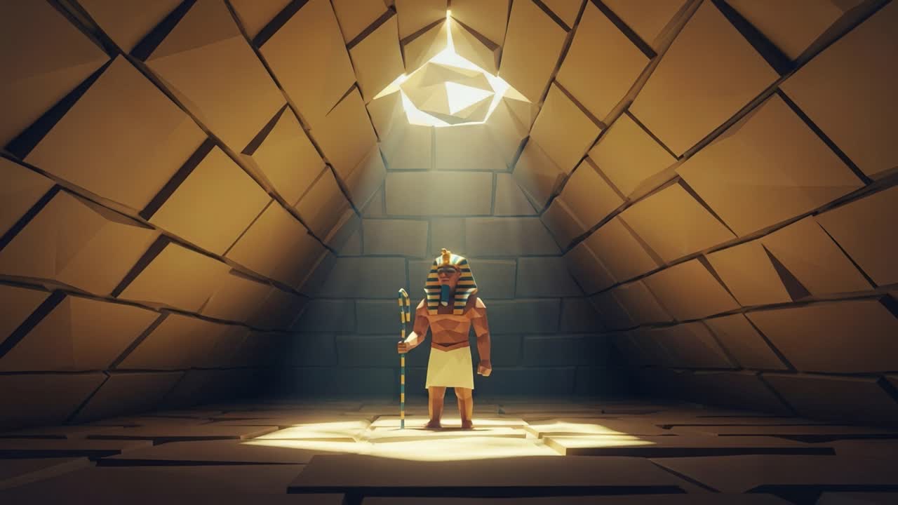 A Mystical Encounter with an Ancient Pharaoh in a Dimly Lit Pyramid Chamber Illuminated by a Radiant Symbol of Power