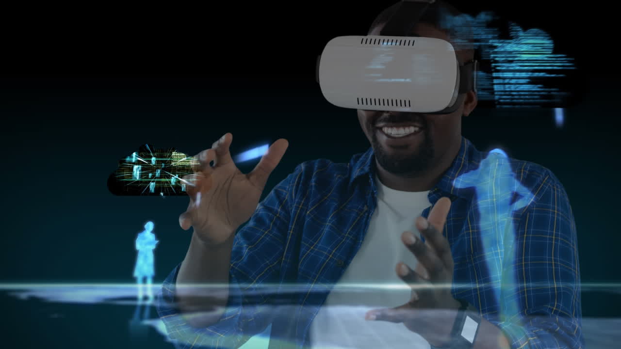 Wearing VR headset and interacting with holograms, man experiencing virtual reality animation