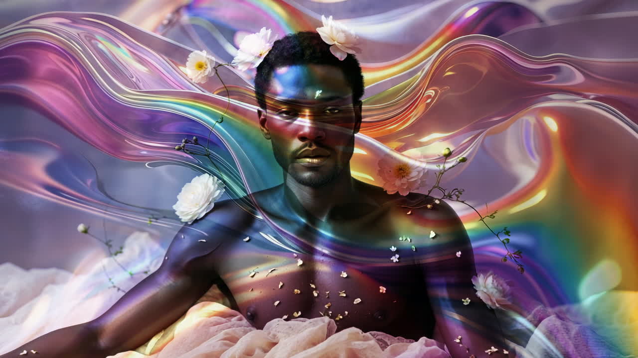 Vibrant Portrait of a Man Amidst Iridescent Waves and Flowers